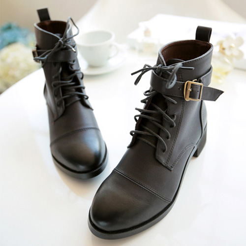 Retro Pointed Toe Flat Heel Belt Buckle Lace Up Booties [grxjy5190755 ...