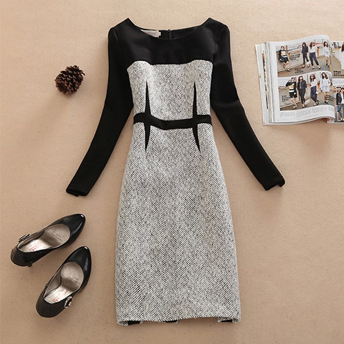 Fashion Contrast Color Long Sleeve Round Neck Woolen Dress [grxjy56002674]