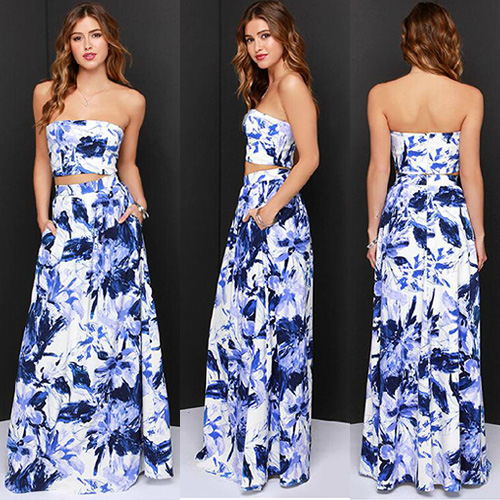 Sexy Strapless Hollow Out Floor-length Ink Print Dress [grxjy56002812]