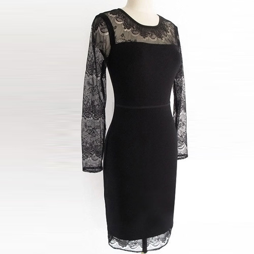 OL Style See-through Lace Spliced Long Sleeve Slim Fit Dress ...