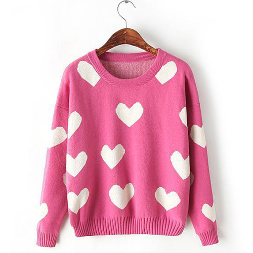 Sweet Hearts Pattern Long Sleeve Round Neck Knitted Sweater ...