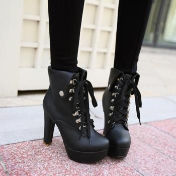 Fashion Round Toe Lace Up Thick High-heeled Martin Boots Booties ...