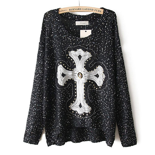 [grxjy560516]Retro Chic Bead Rhinestone Embroidered Cross Knit Sweater ...