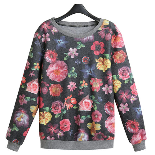 Various Flowers Print Lined Sweatshirt Pullover Pleated Mini Skirt ...
