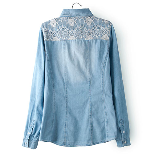 Light Blue Lace Denim Shirt With Button Chest Pockets [grxjy560887] on