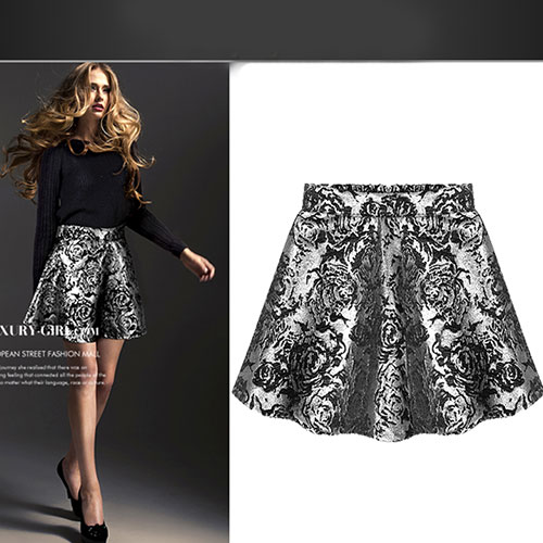 Elasticated Waistband Silver Gold Thread Embroidery Flared Pleated Mini Skirt [grxjy561025] On