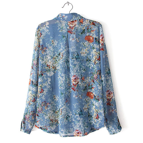 Long Sleeve Sheer Floral Print Button Down Shirt Top [grxjy561261] on ...