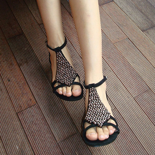 Beaded Ankle Strap Zip Up Low Wedge Heel Sandal [grxjy5190483] on Luulla