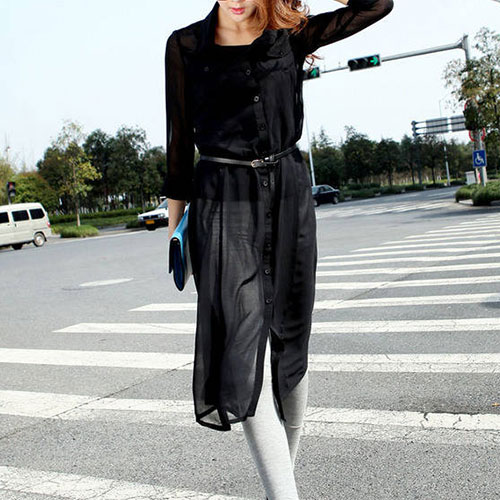 Semisheer Knee Length Button Down Shirt Sun Protection [grxjy561306