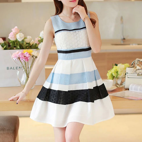 Mixed Color Stripe Floral Embroidery Pleated Tank Dress [grxjy561477 ...