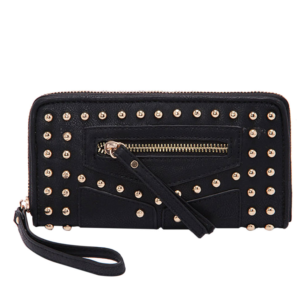 Fashion Round Rivets Zipper Long Wallet With Removable Strap ...