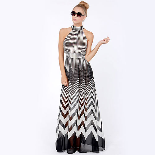 Sexy See-through Wave Strip Halter Chiffon Party Maxi Dress ...