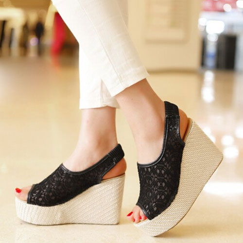 Fashion Hollow Out Reticulation Lace Peep Toe Platform Wedge Sandals ...