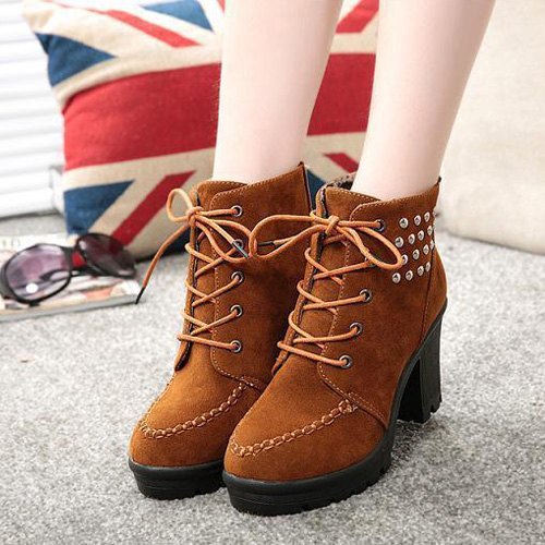 Fashion Rivets Thick High-heeled Lace Up Ankle Boots Booties ...