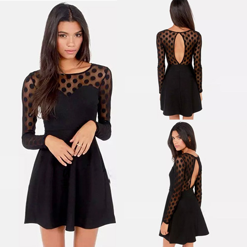 Sexy Backless Dots Lace Spliced Long Sleeve Dress [grxjy56002487] on Luulla